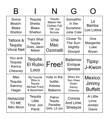 Drinking Songs Bingo Card