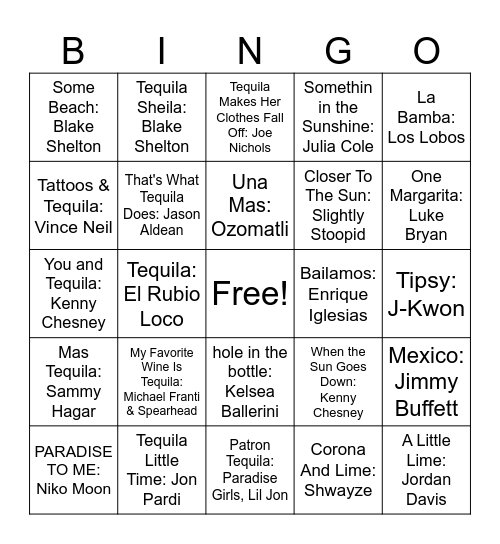 Drinking Songs Bingo Card