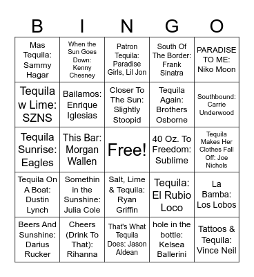 Drinking Songs Bingo Card