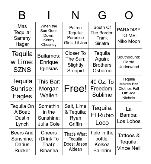 Drinking Songs Bingo Card