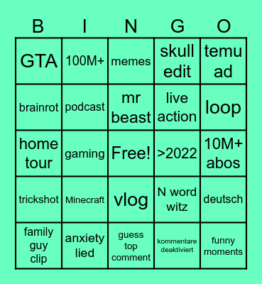 YT Shorts Bingo Card