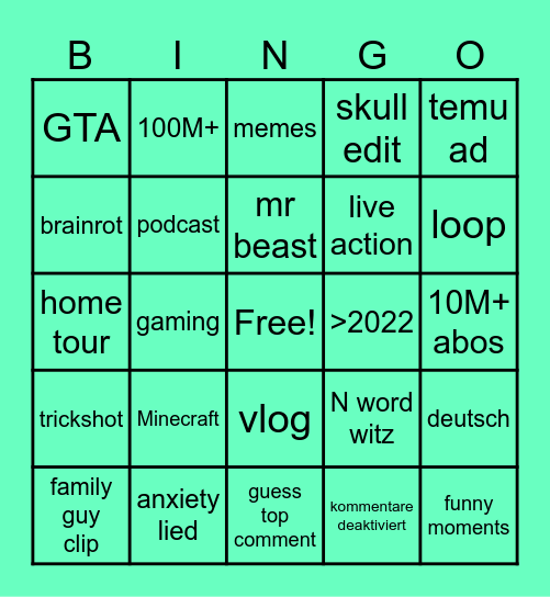YT Shorts Bingo Card