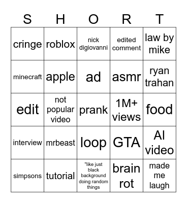 youtube challange Bingo Card