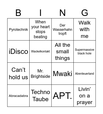 Party song Bingo! Bingo Card
