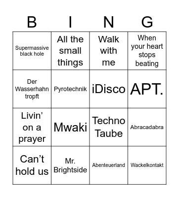 Party song Bingo! Bingo Card