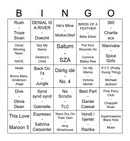 AKKS musikkbingo runde 1 Bingo Card