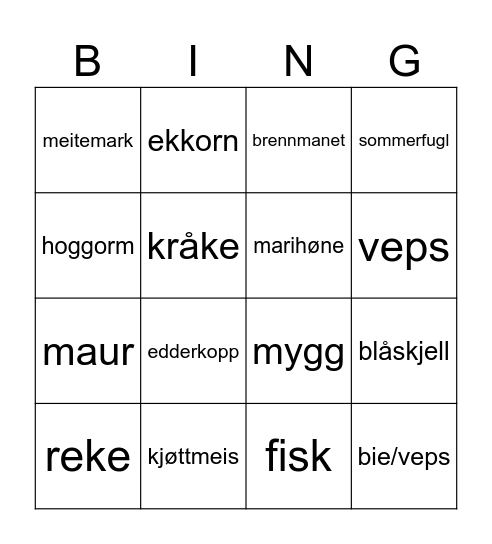 Natur Bingo: Dyr/Insekter Bingo Card