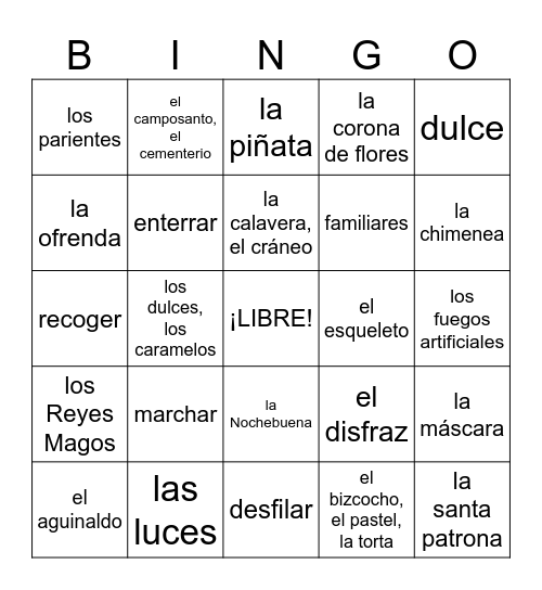 Spanish 2, Celebrations Bingo Card