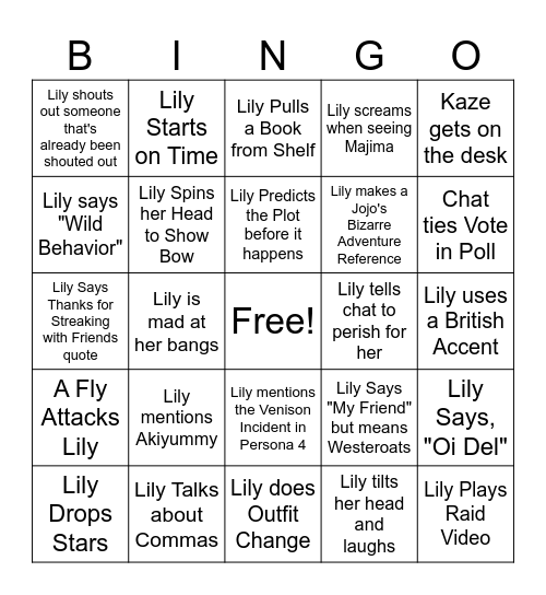Just a Regular LilySleepsLate Stream Bingo Card
