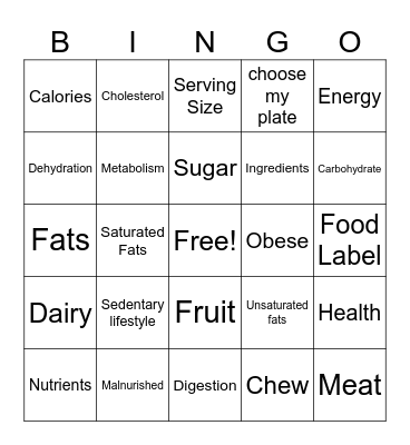 nutrition Bingo Card