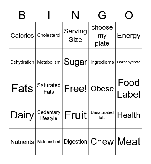 nutrition Bingo Card