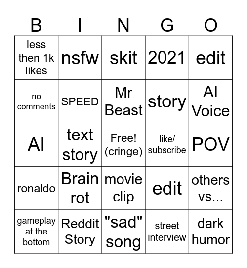 YT shorts Bingo Card