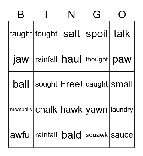 a, aw, au, augh, al, ough Bingo Card