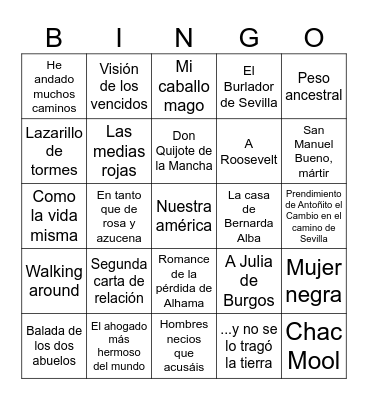 AP Spanish Literature Bingo Card
