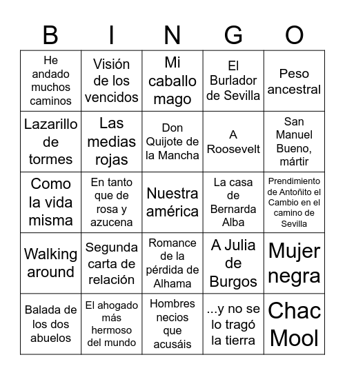 AP Spanish Literature Bingo Card