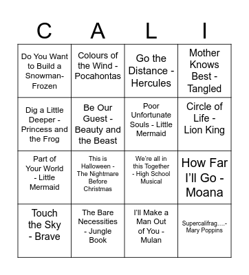 Disney Songs Bingo Card