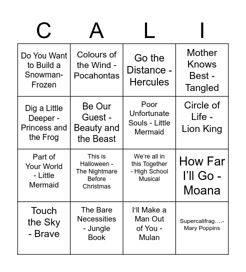 Disney Songs Bingo Card