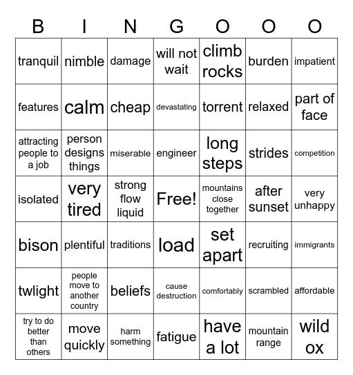 4th Grade Bingo Card