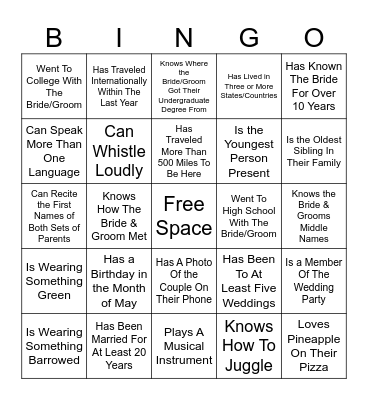 B & B Wedding Rehearsal Bingo Card