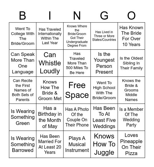 B & B Wedding Rehearsal Bingo Card
