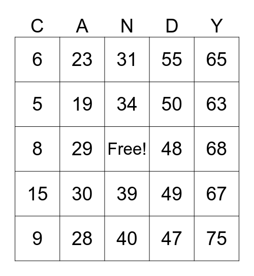 Number Bingo 1-75 Bingo Card