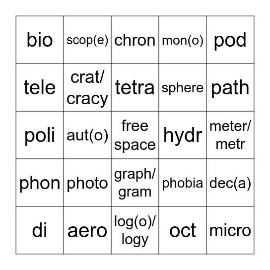 Greek Bases Bingo Card
