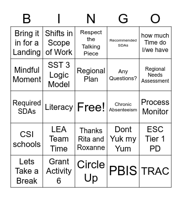 SST Team  Meeting Bingo Card