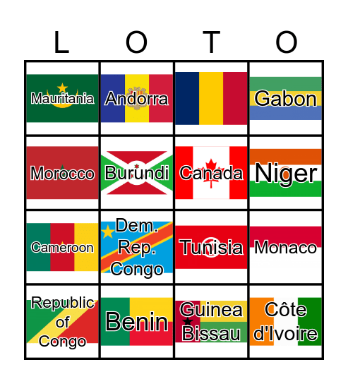 Les pays francophones Bingo Card
