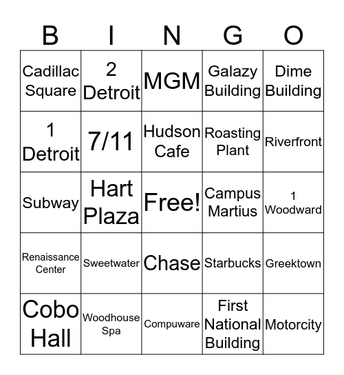 Downtown Detroit Bingo Card