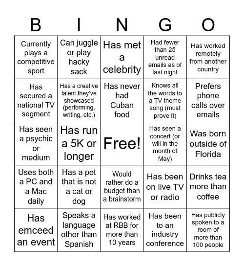 rbb Team Bingo Card