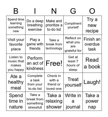 Mental wellness Bingo Card