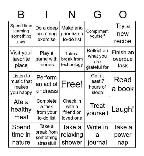 Mental wellness Bingo Card