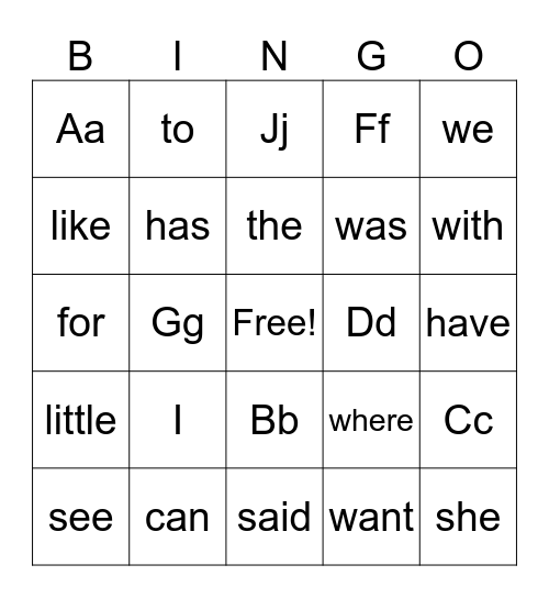 K High Frequency Words and Letters Bingo Card