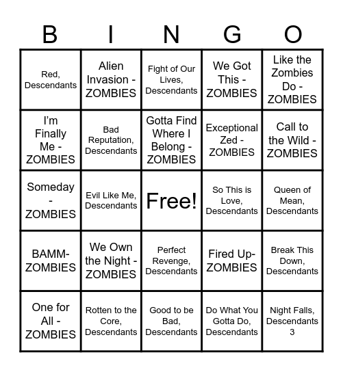 Descendants vs. ZOMBIES Bingo Card