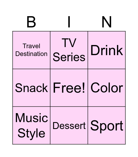 Anna's Favorite Things Bingo Card