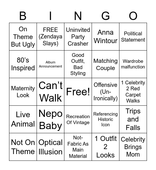 Met Gala Bingo (generic) Bingo Card