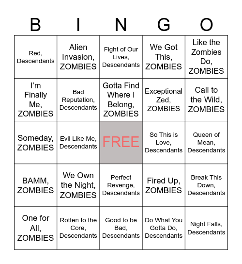 Descendants vs. ZOMBIES Bingo Card
