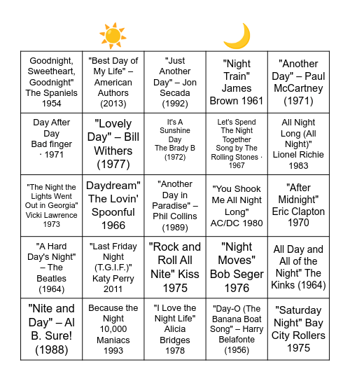 DAY OR NIGHT IN THE TITLE Bingo Card