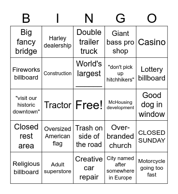 Midwest road trip Bingo Card