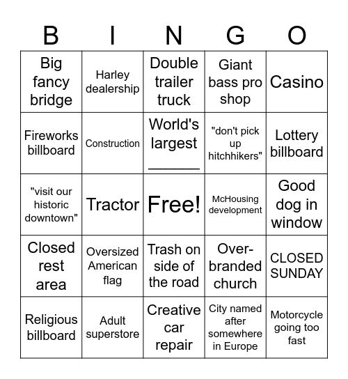 Midwest road trip Bingo Card
