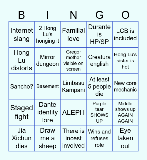CANTO 8 PREDICTION BINGOoo Bingo Card
