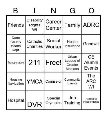Community Resource Bingo Card