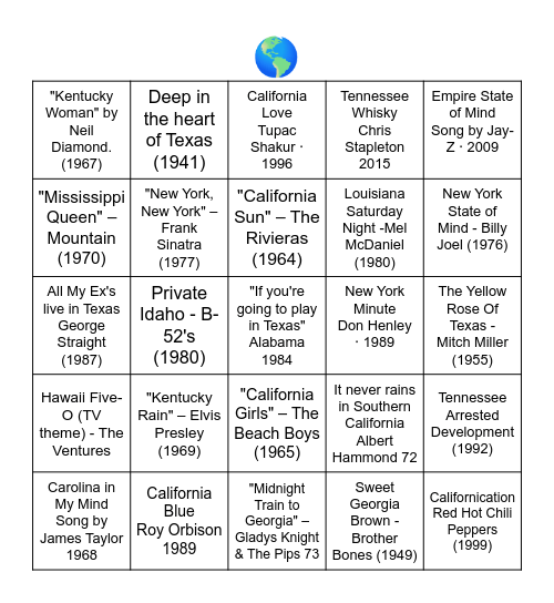 SONGS WITH STATES IN THE TITLE Bingo Card