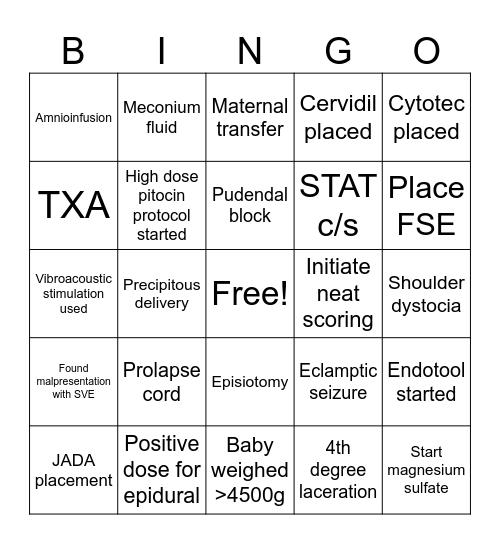 Labor and Delivery Badge Bingo Card