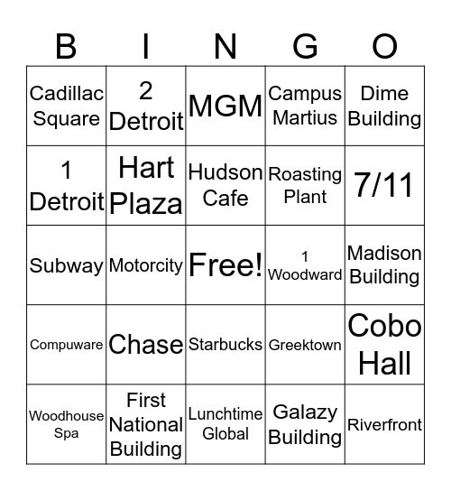 Downtown Detroit Bingo Card