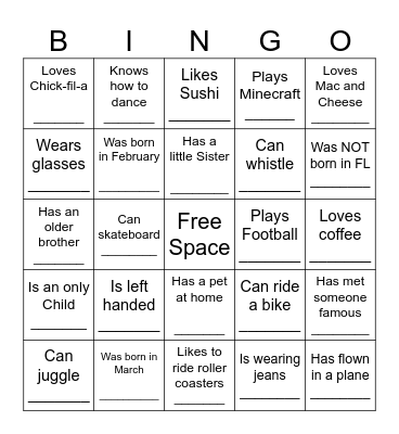 YOUTH HUMAN BINGO Card