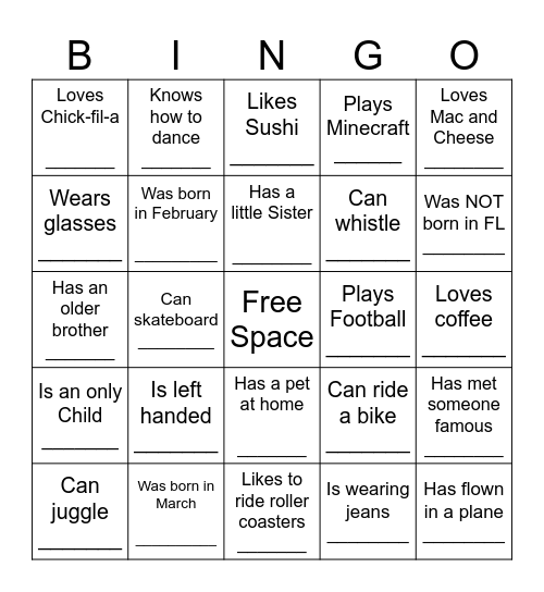 YOUTH HUMAN BINGO Card
