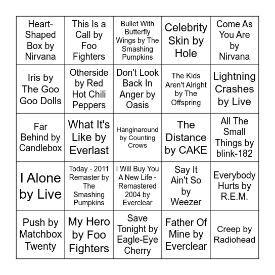 90's Alternative Bingo Card