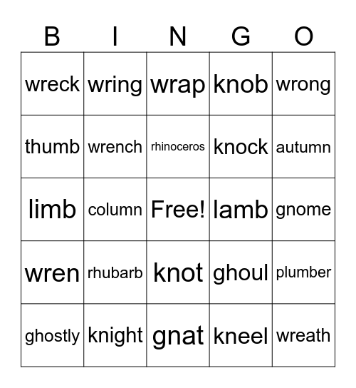 Silent Letters Bingo Card