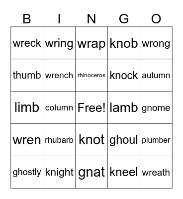 Silent Letters Bingo Card